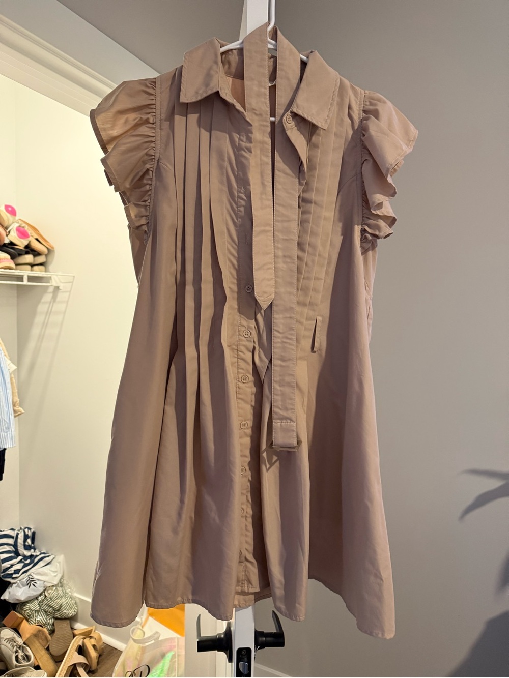 entro Beige Pleated Mini Dress with Tie Neck